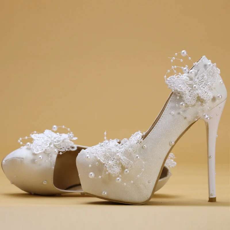 Spring round head cloth pearl tassel lace flower wedding fine high-heeled waterproof table dress large size women's shoes