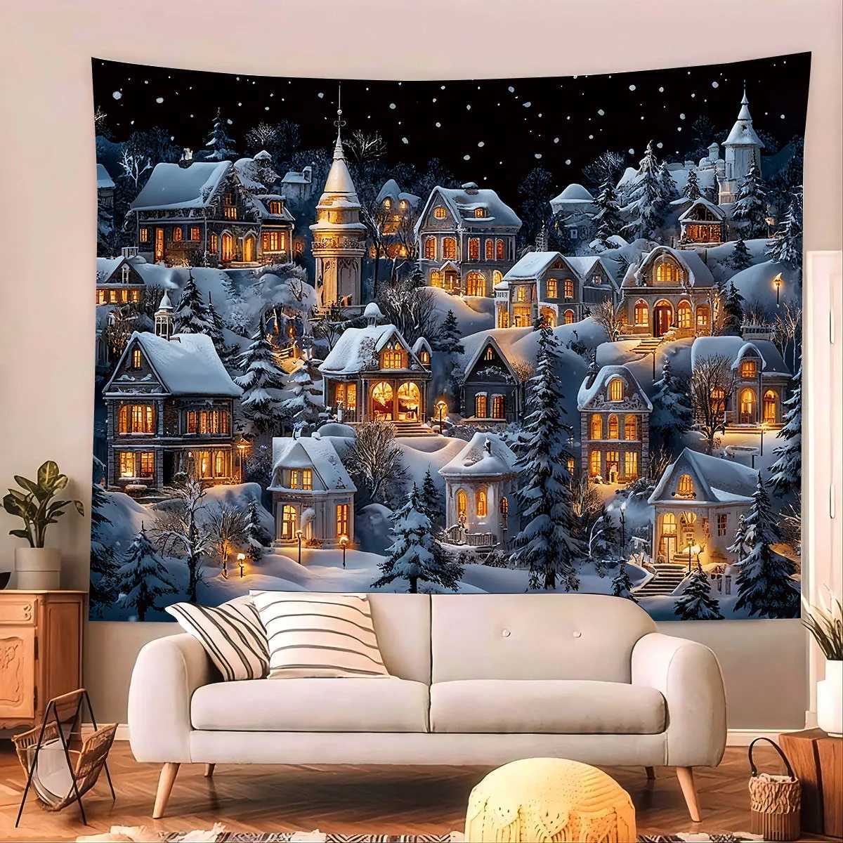 1pc Christmas Eve Snowscape Town Print Tapestry Living Room Wall Decoration Background Cloth Machine Washable Space PendantM251125