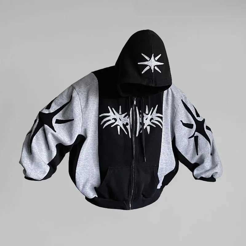 Y2K Retro Zipper Hoodie Harajuku Patch Work Gothic Street Hip Hop Super Dalian Hoodie Mens Sportswear Fashion Casual Top M250425
