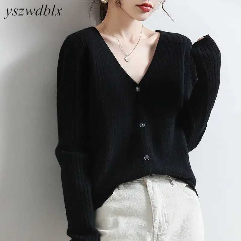 YSZWDBLX Women Cardigans 2025 Solid V-neck Knitted Autumn Winter Long Sleeve Sweater Korean Fashion Loose Fit Woman CardiganT251125