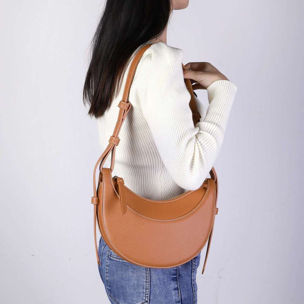 Brand Hand Bags Women's Litchi Pattern Crescent Genuine Leather Underarm Saddle Adjustable Strap Shoulder Bag