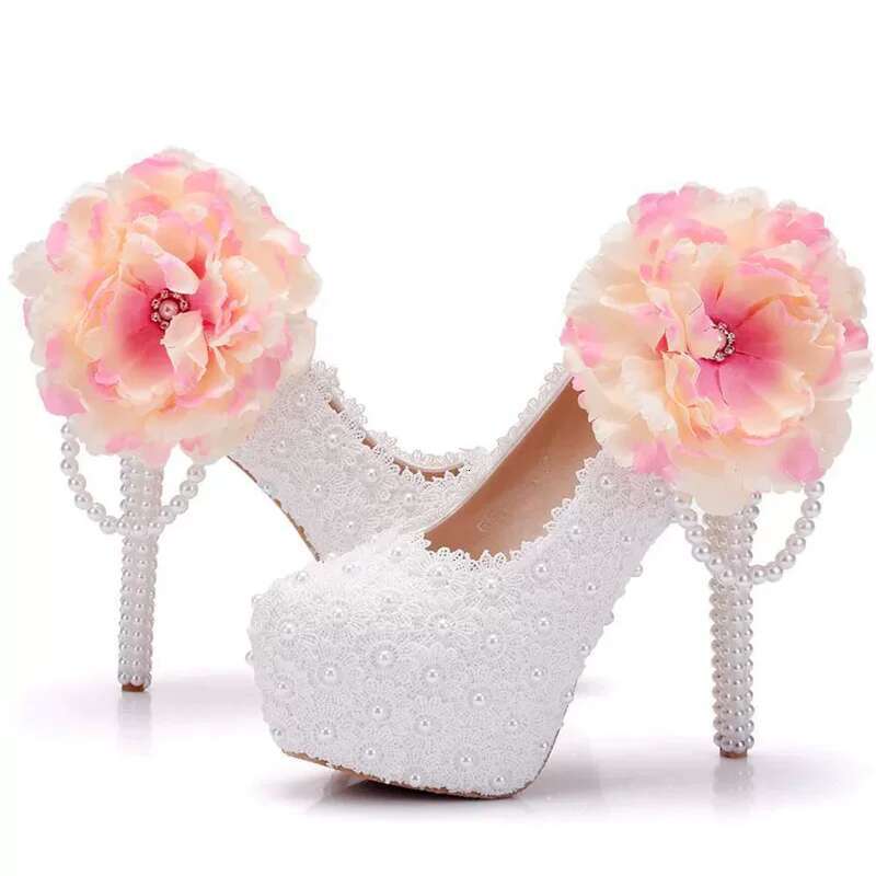 Spring round head shallow lace pearl waterproof platform wedding thin high-heeled banquet dress large size women's shoes