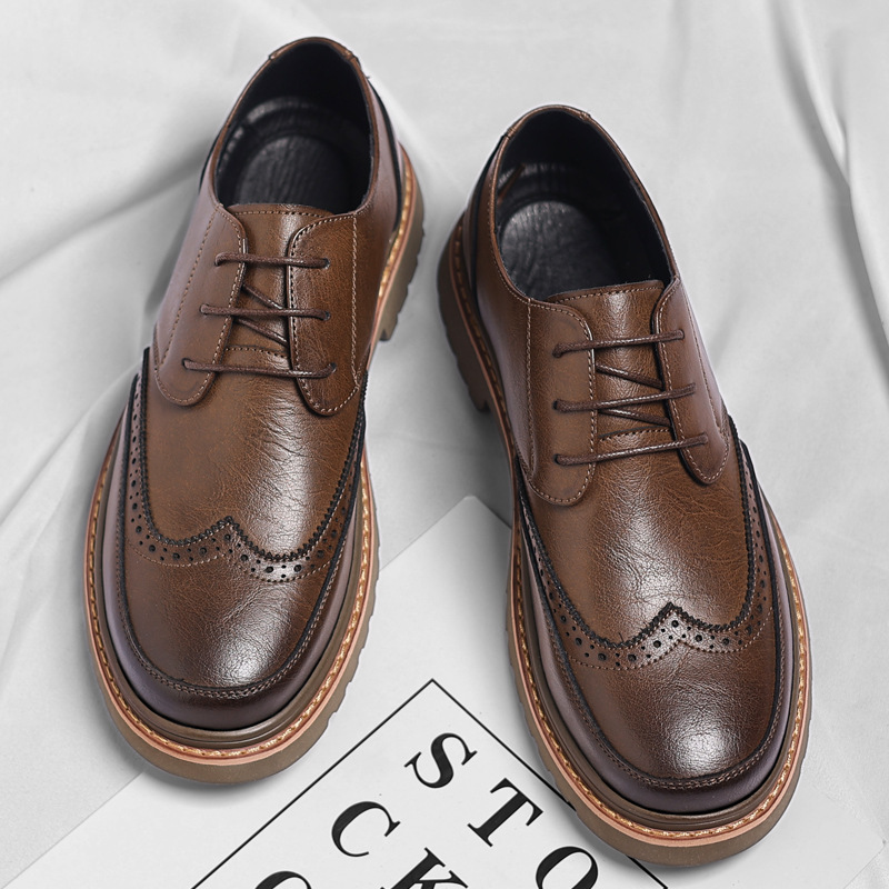 Free shipping men's brown leather brogue shoes thick soled comfortable breathable anti slip lightweight durable versatile daily wear retro dress 