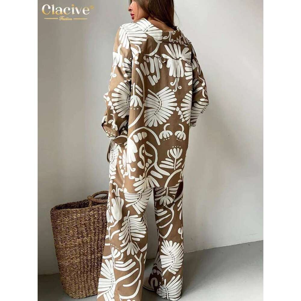 Clacive Fashion Loose Print 3 Piece Women Outfit Elegant Long Sleeve Blouse + Sleeveless Tube Top With High Waist Pants Set
