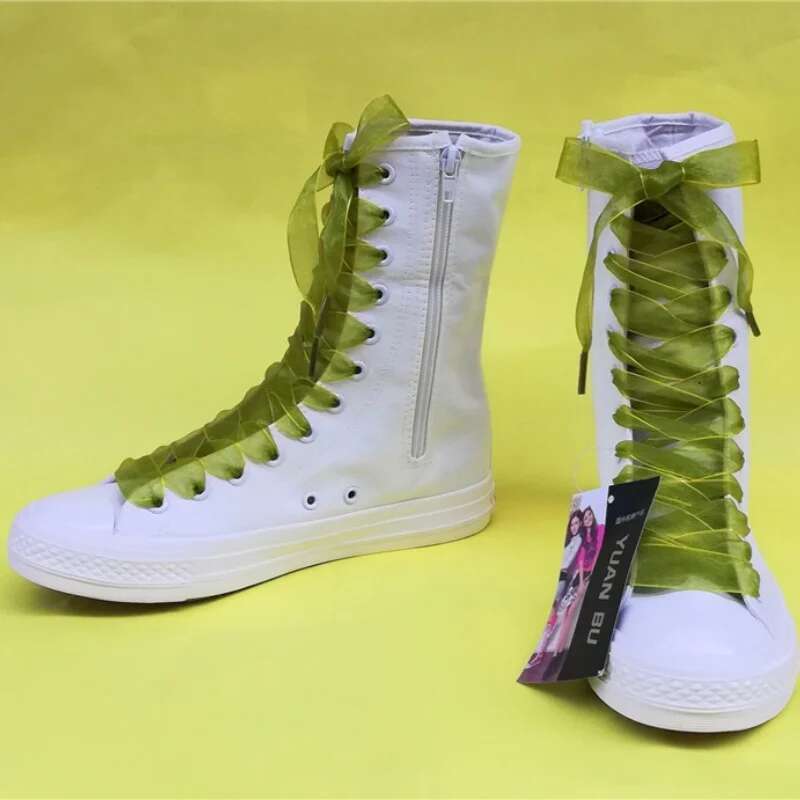 Spring and summer side zipper ribbon pearl butterfly medium canvas boots casual flat inner heightening large size women's shoes