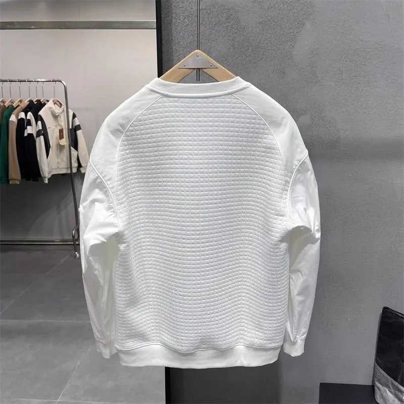 Retro mens casual sportswear loose patch work waffle with cargo pocket zipper O-neck streetwear black long sleeved sportswear M250425