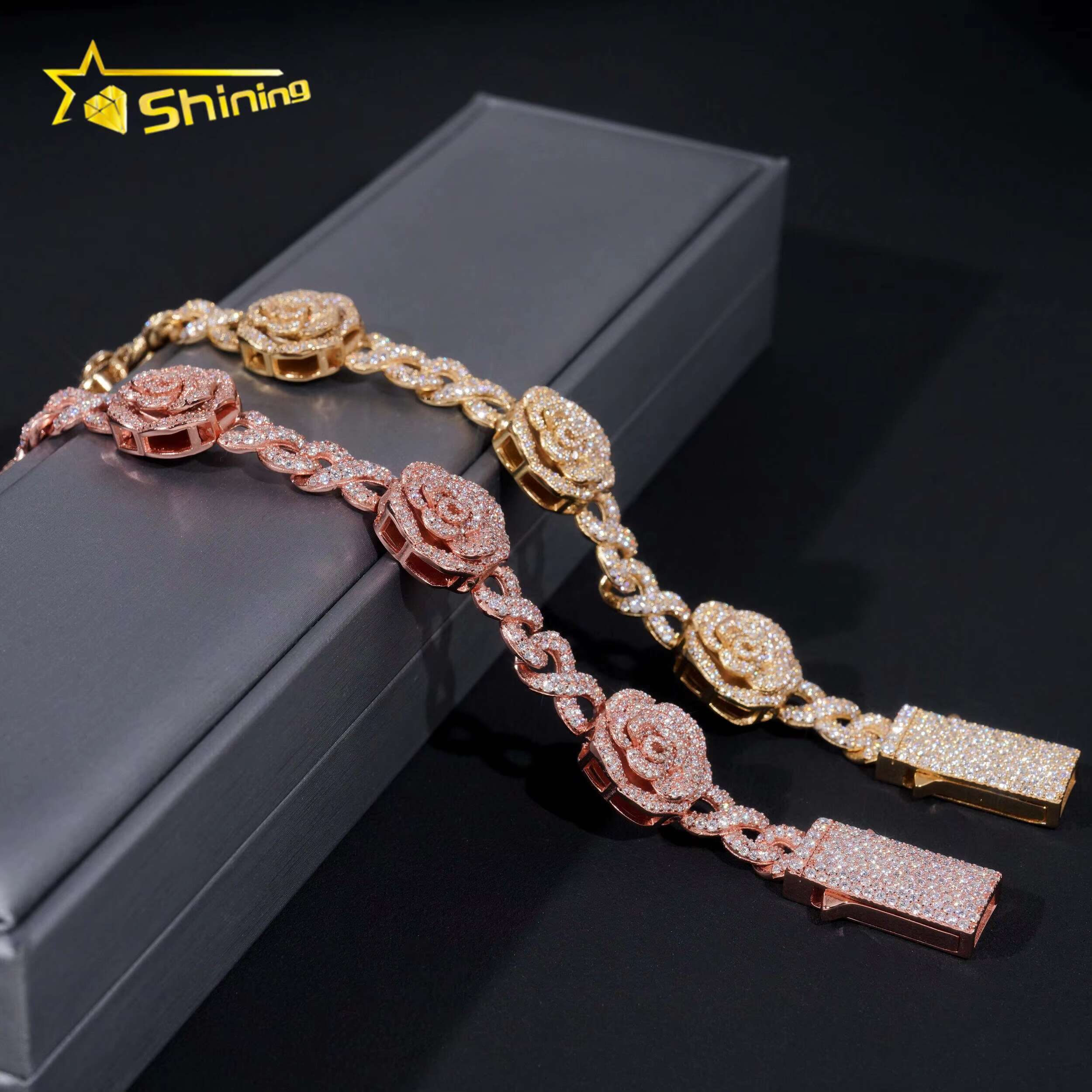 Romantic Rose 3D Gold Plated Iced Out 16mm 925 Sterling Silver Hip Hop Infinity Link Bracelet