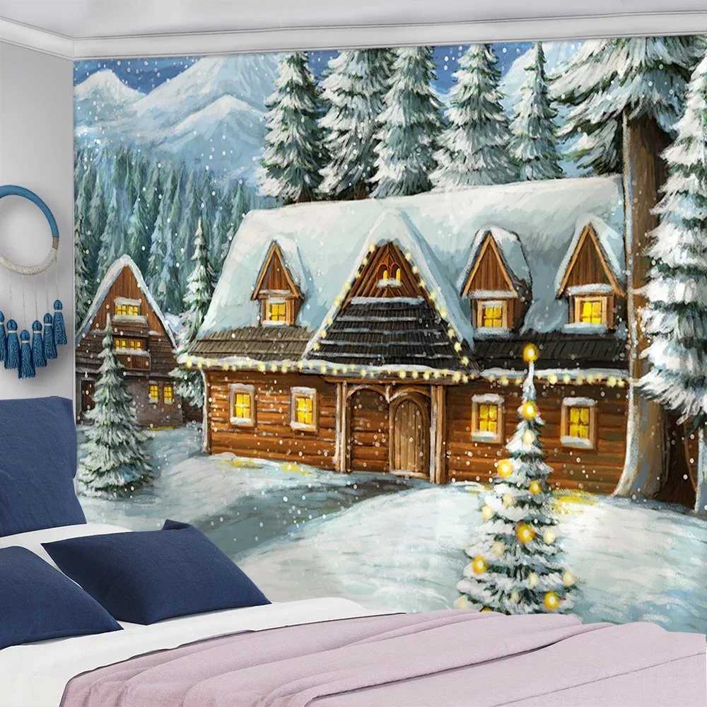 Christmas snowscape home decoration tapestry forest cottage Bohemian decoration Hippie Christmas tree large size tapestryM251125