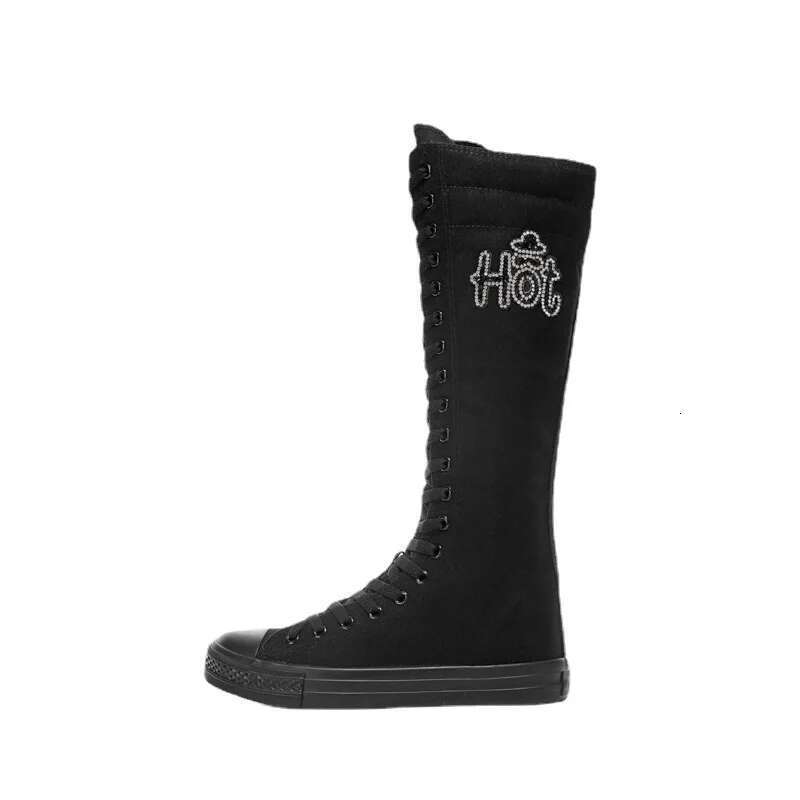 Spring long lace-up side zipper embroidered chain knee-length boots casual flat inner heightening large-size canvas women's shoe