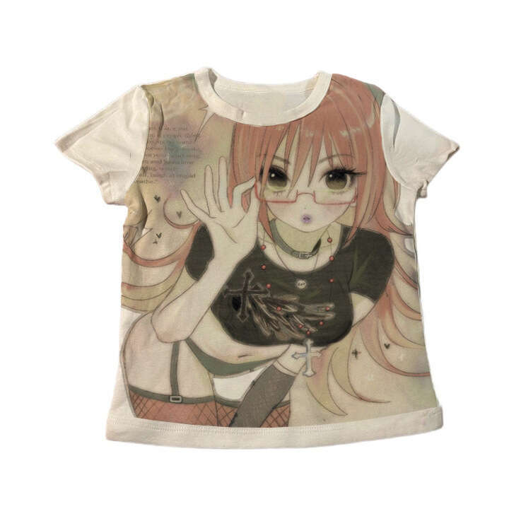 Personalized cartoon anime printed round neck women's spring and summer hot girls slim fit fashion Y2K top