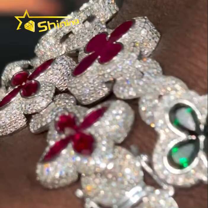 Top Quality Hip Hop Clover Color Diamond Marquise 925 Sterling Silver VVS Moissanite Bracelet