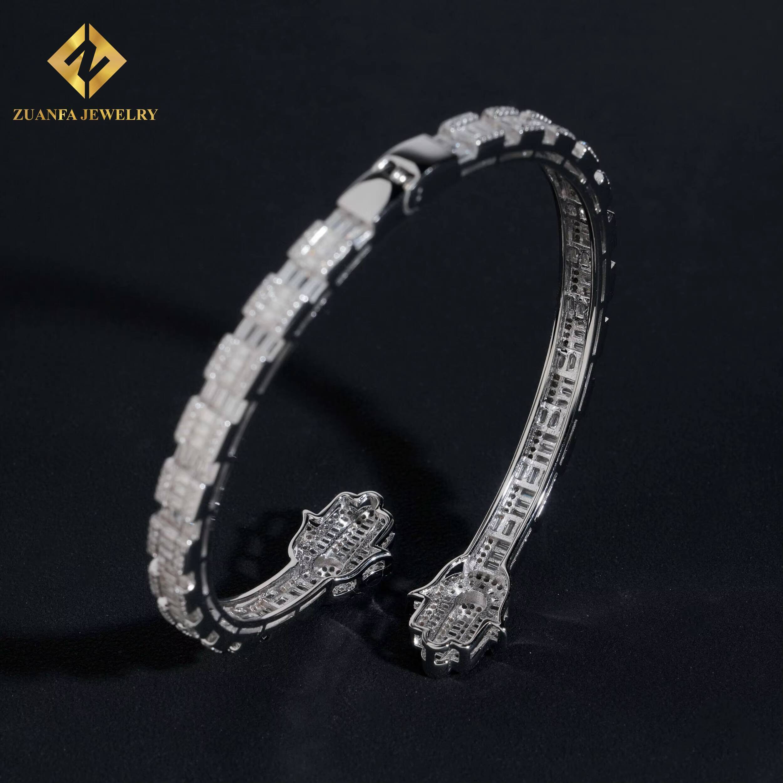 New Arrival 925 Silver Baguette Diamond Hamsa Hand Moissanite Bangle Bracelet Fashion Hip Hop Men VVS Moissanite Bracelets