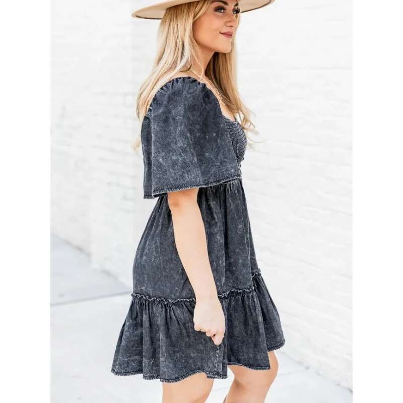 Dongdumaoyi Spring And Summer New Temperament Commute Pullover Loose Denim Short Sleeve Dress D