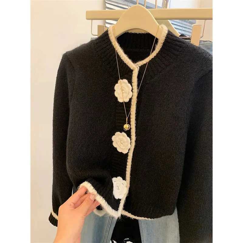 Autumn Winter Women Black Clothing Cardigan Knitting Sweater Long Sleeve Round Neck Casual Fashion Coat Female Flower Design TopT251125