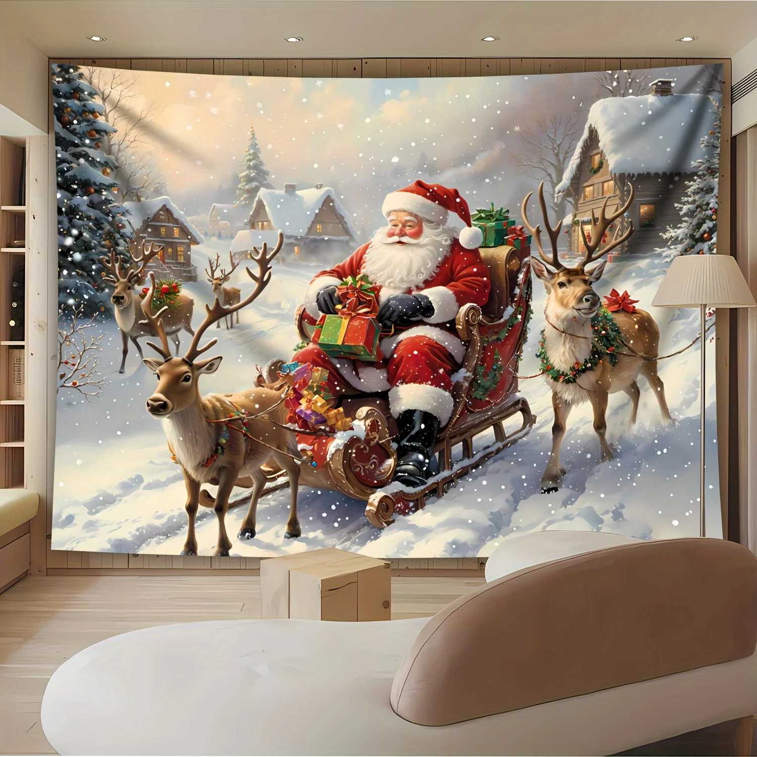 Christmas Tapestry Santa Sleigh with Reindeer Photo Background Wall HangingXmas Cloth for Home Party Live Stream DecorM251125