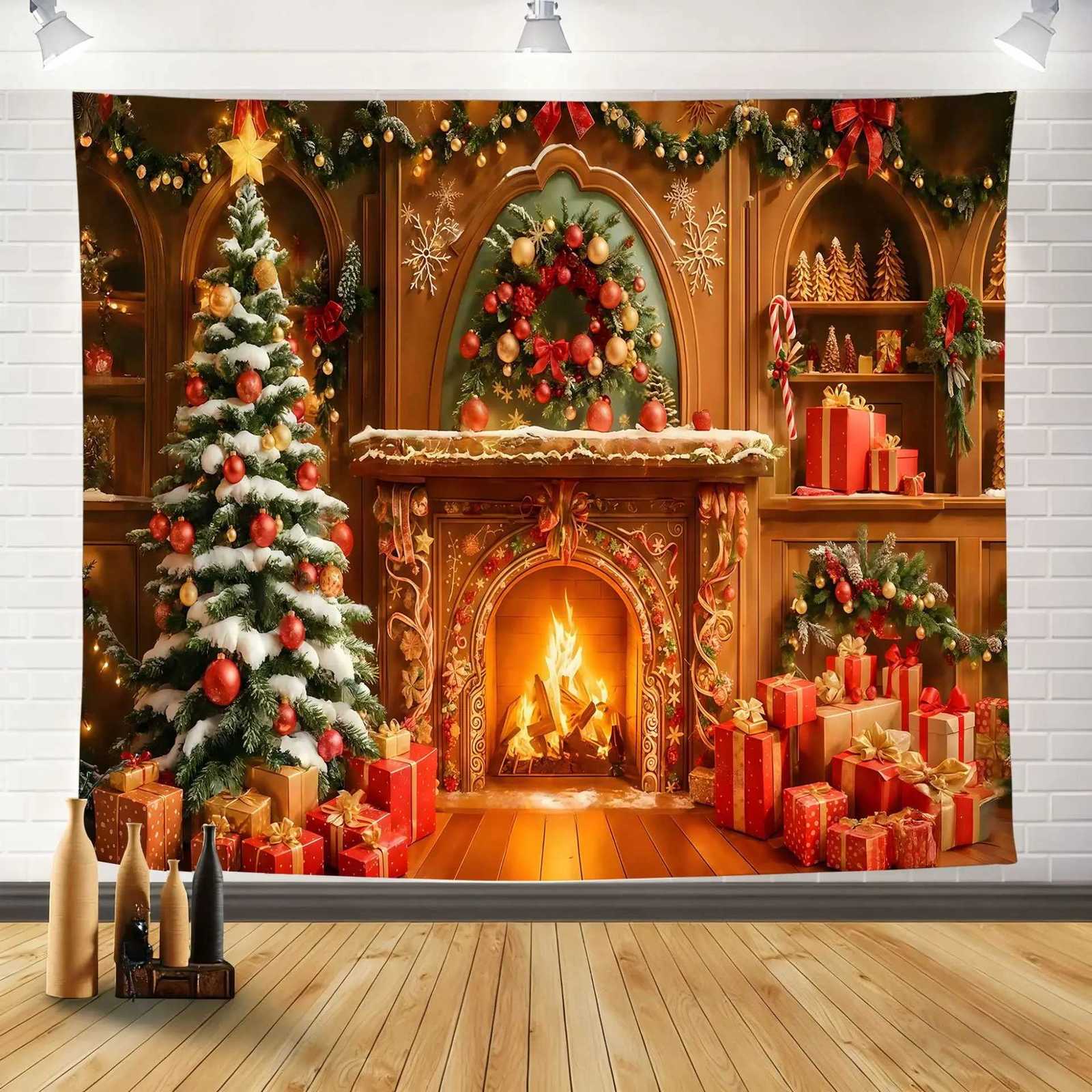 Christmas Decoration Tapestry Tree and Fireplace Scene Hanging Cloth for Holiday Decorations Living Room New Year Home DecorM251125