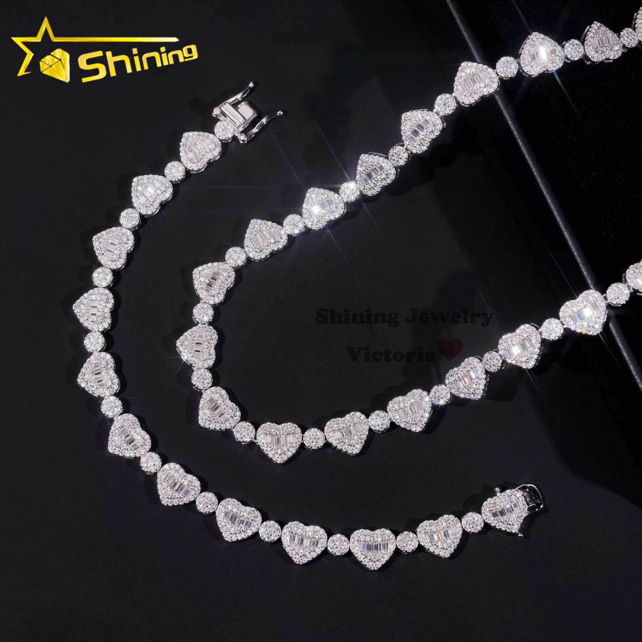 GRA Pass Diamond Tester S925 Moissanite Necklace Iced Out 8MM VVS Baguette Moissanite Diamond Heart Shaped Tennis Chain Bracelet