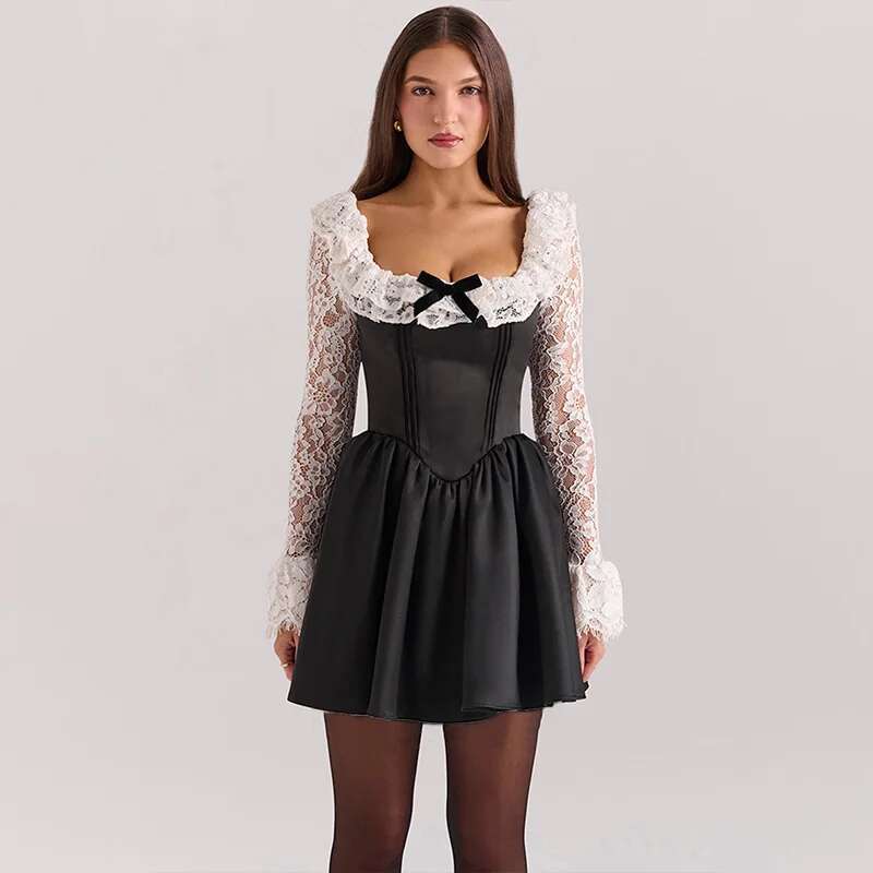 Dongdumaoyi Townlike Waist Wrap Pleated A Line Dress Women Mini Autumn Winter Lace Patchwork Nightclub Sexy Party Dresses