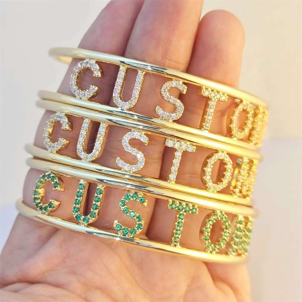 Doremi 9mm Letter Colorful Zircon Cuff Custom Initial Name Hallow Bangle Personalized Adjustable Women Gifts Jewelry