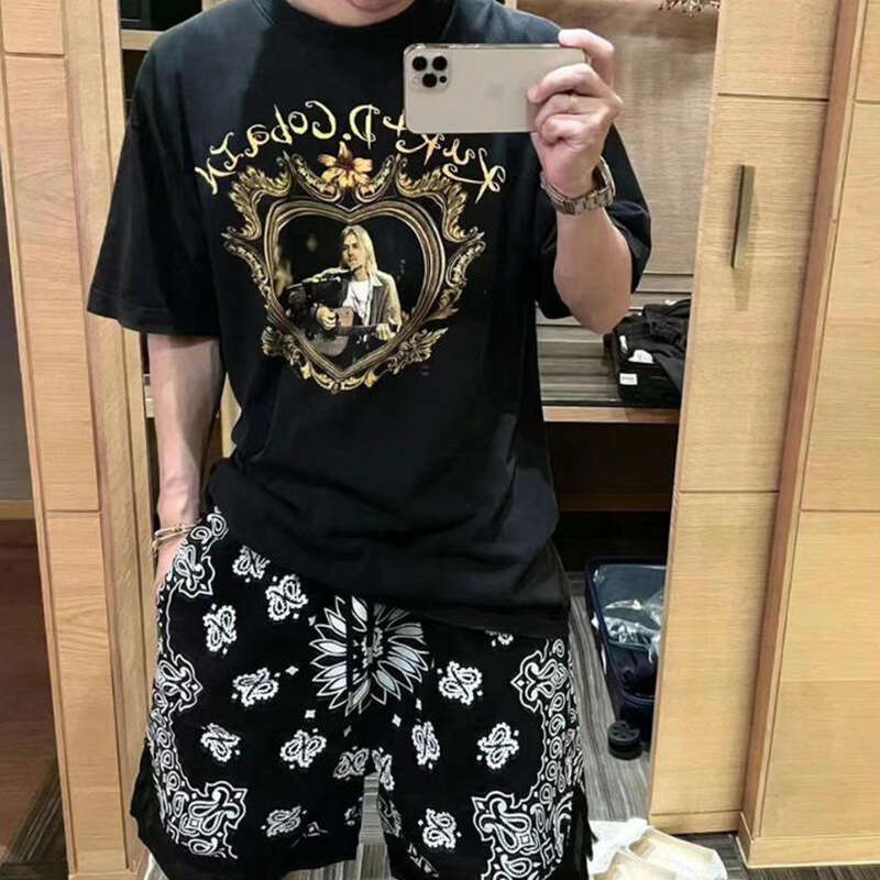 Askyurself military fabric washed worn, cashew flower print trendy brand hip-hop and pop loose shorts, men's five quarter pants