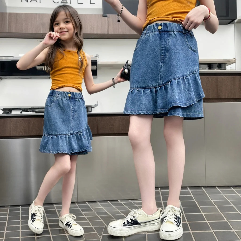 Girls pleated leggings for summer childrens leggings for girls big children summer personality simple denim leggings for 5-14 years old 250424