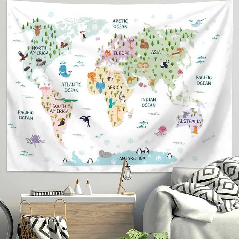VIKAMA Ins Scandinavian World Terrain Tapestry Childrens Room Wall Decoration Cartoon Animal Map Bedside Background TapestryM251125