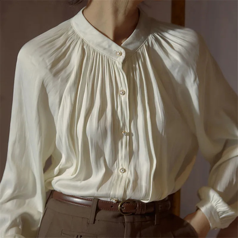 Womens shirt with white lantern sleeves retro pleated satin shirt summer autumn long sleeved loose office womens top 250418