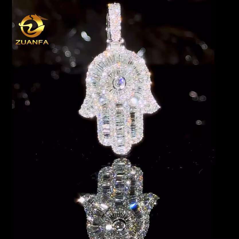Lucky Charm Custom Baguette Diamond Moissanite Hamsa Hand Pendants Fatima Hand Iced Out Jewelry Gift for Girlfriend