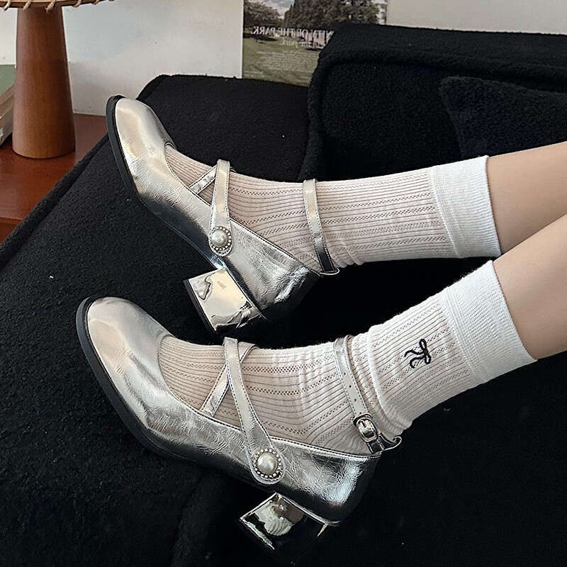 Silver French single shoe square toe Mary Jane college style small leather shoes, elegant
