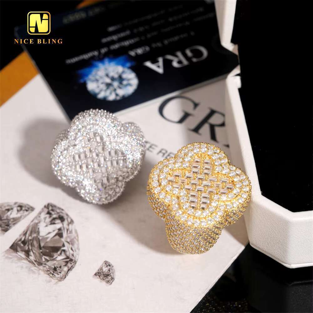 GRA Certificate Baguette Hip Hop Rapper VVS Moissanite Fine Jewelry Diamond Men Rings Iced Out Jewelry 925 Silver Clover Ring