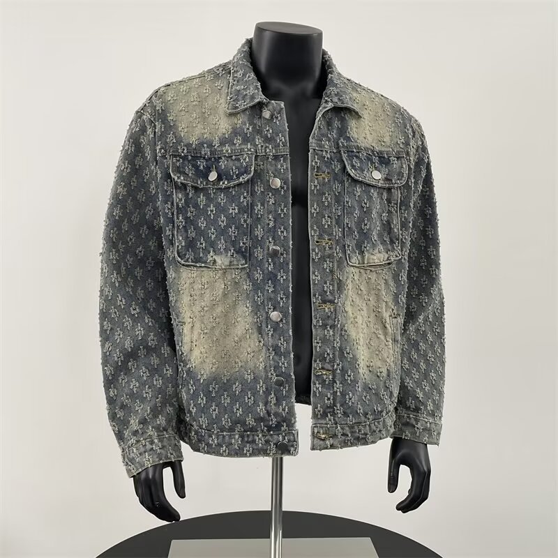 Spring and autumn water-washed jacquard denim jacket for men, American style trendy brand, retro small-chic design, relaxed collar jacket Z251023