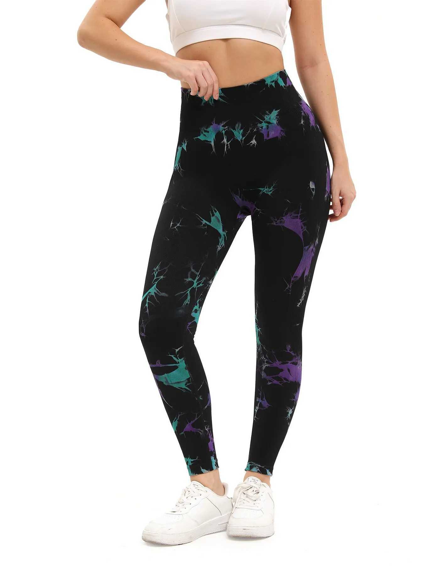 Womens new two tone tie dye printed yoga pants for quick drying seamless high waist and hip lifting training running and fitness pantsC250425