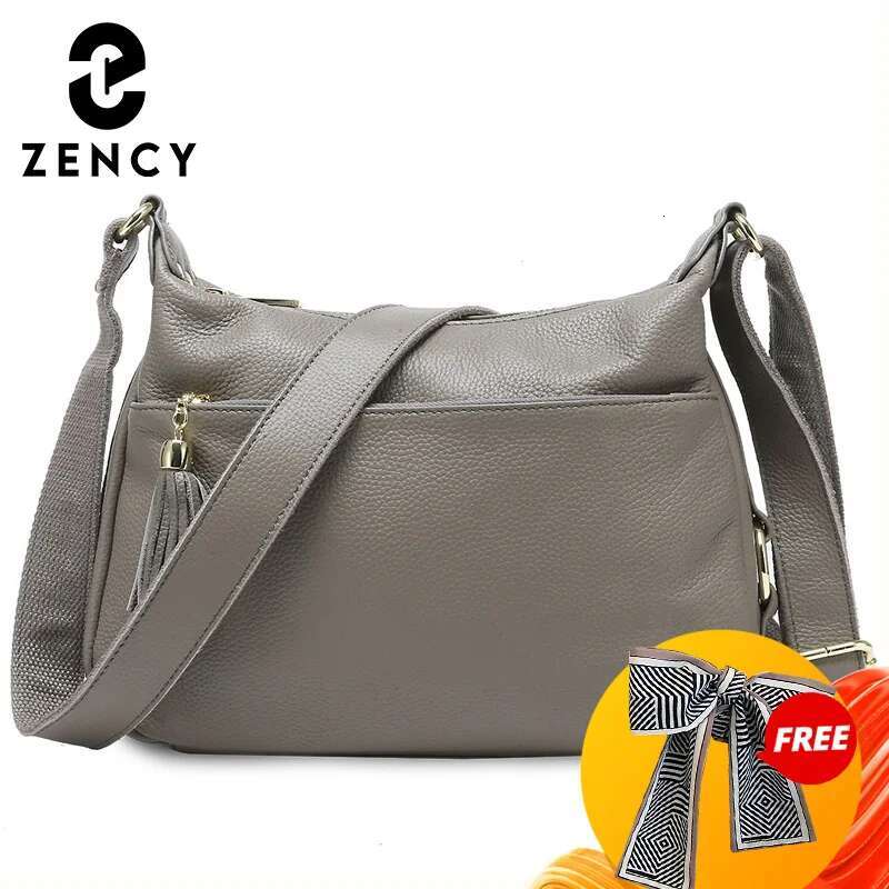 Zency 100% Genuine Leather Fashion Women Shoulder Bag With Tassel High Quality Hobos Elegant Lady Crossbody Bags Black Grey