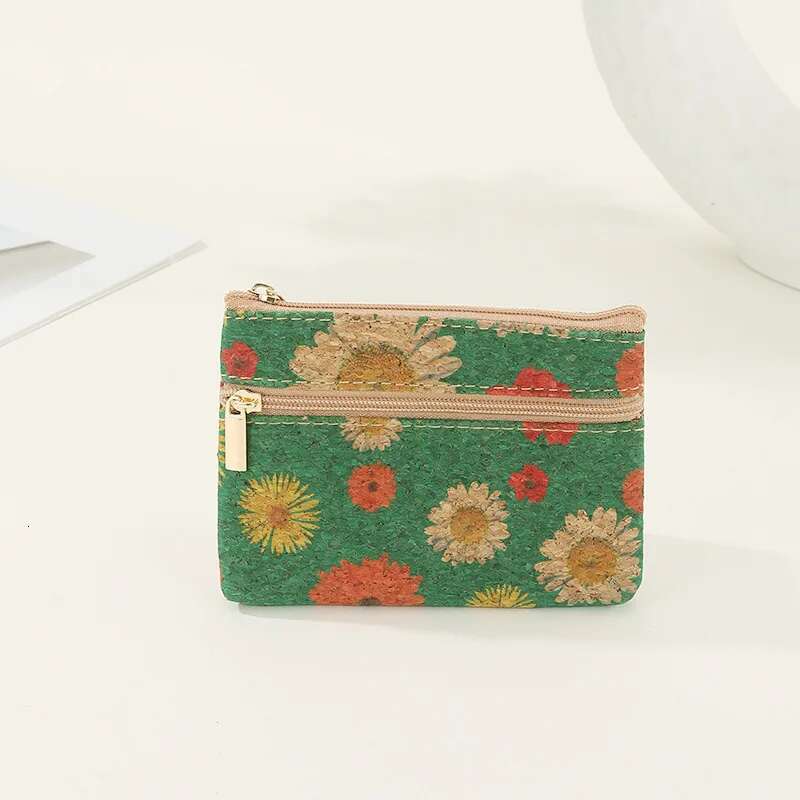 Vintage Fashion Cork Grain Printing Coin Purse Small Wallet Money Key Storage Wood Casual Nostalgic Double Zipper Clutch Bag