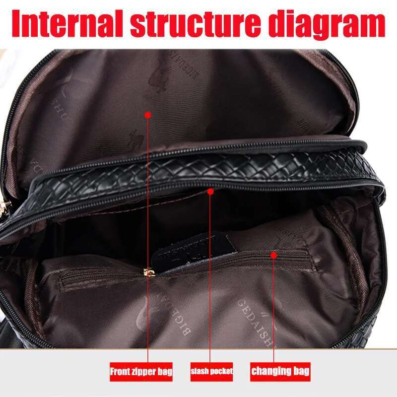 Unisex Stylish Backpack Lightweight PU Solid Color Weaving Design Multi Pocket With Adjustable Straps For Work Travel Bag