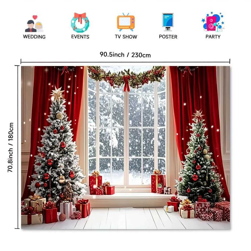 tapestry Large Wall Mural Winter Christmas Tree Snowy Window Scene with Red Curtains - 2D Flat Printing HolidayM251125