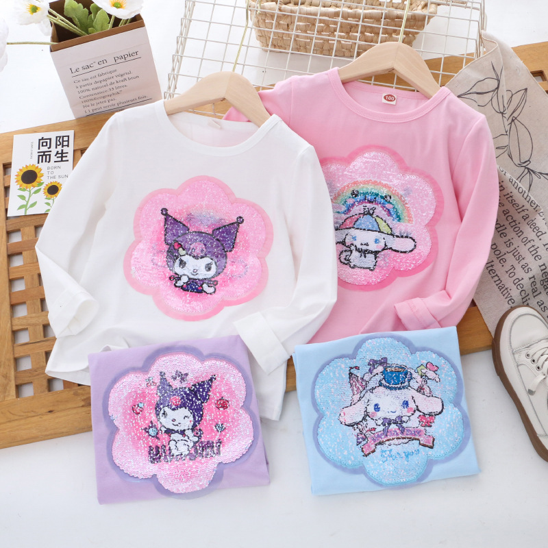 Disney girl designer t-shirt children's cotton top girl color changing sequin t-shirt spring and autumn top girl's top comfortable soft prin