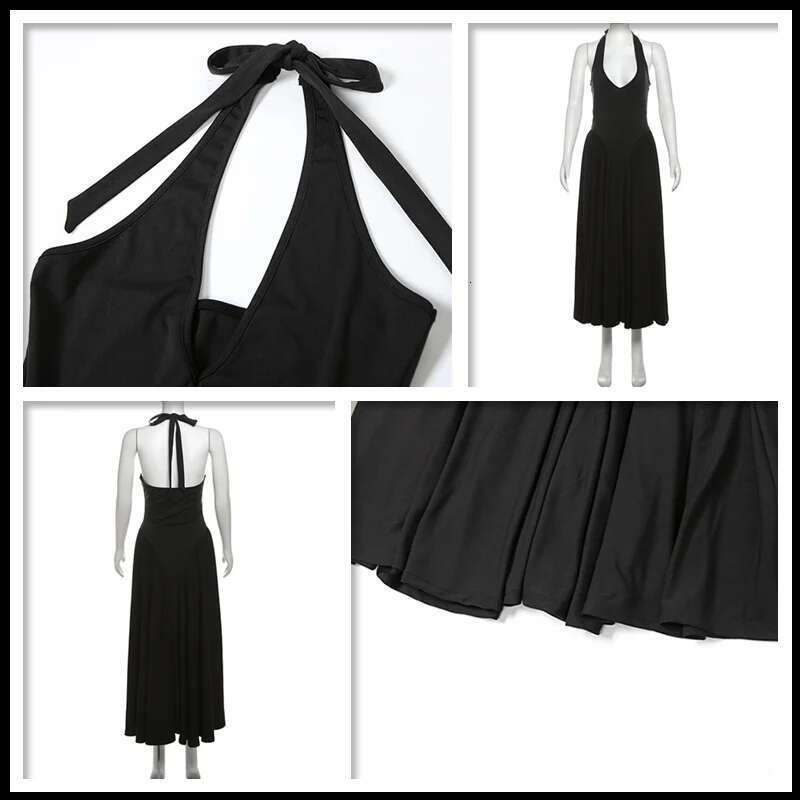 Dongdumaoyi Townlike Waist Warp A Line Pleated Dress Women Midi Long Halter Summer Backless V Neck Nightclub Sexy Party Dresses