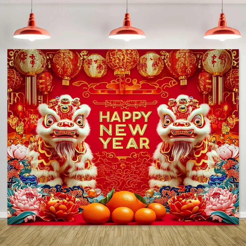 VIKAMA Chinese New Year Tapestry Double Lion Play Ball Peony Living Room Background Wall Spring Festival Party DecorationM251125