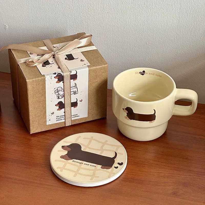 Cute Puppy Cartoon Cup with Coaster Cute Dachshund Cup Mat Ceramic Mug Water cup Breakfast Milk Mug Creative Christmas Gift Y251125