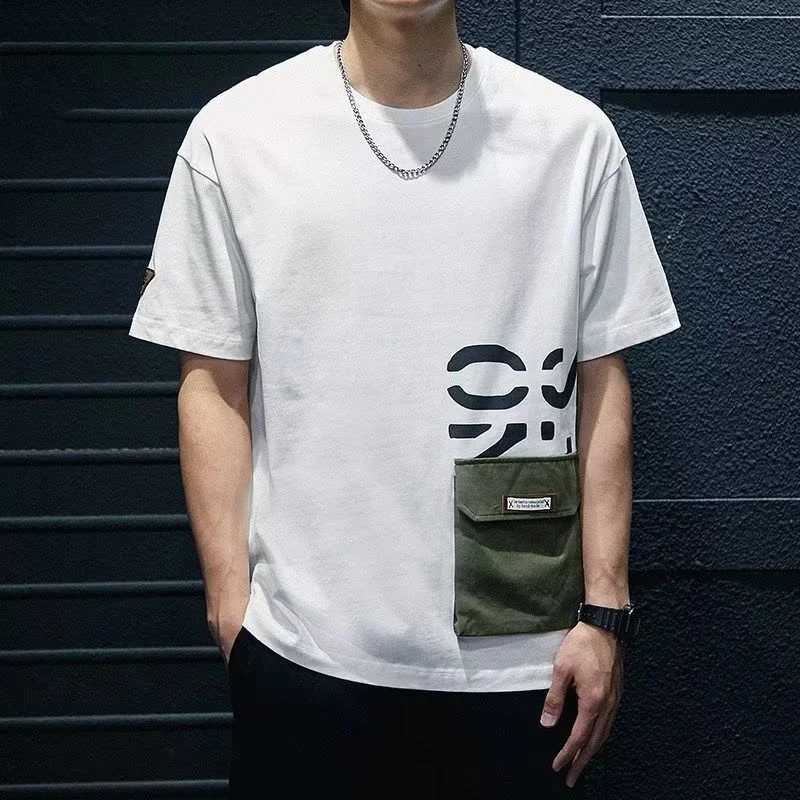 Summer mens short sleeved letter printed T-shirt with cargo pocket casual cotton O-neck top Y2K streetwear oversized T-shirt W250425