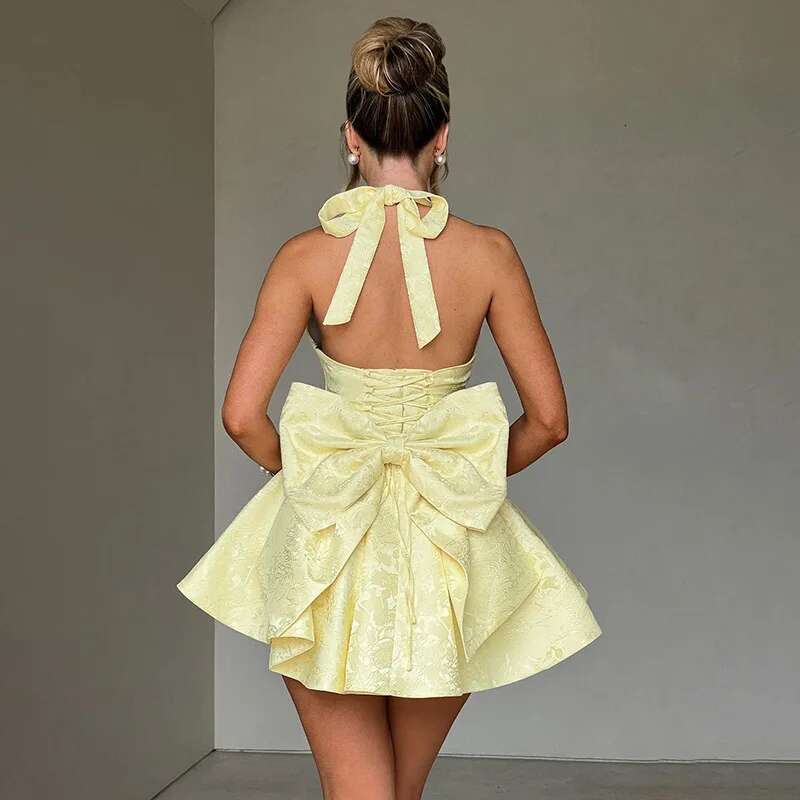 Dongdumaoyi Townlike Jacquard Bow Waist Wrap A Line Dress Women Halter Mini Spring Summer Nightclub Sexy Party Dresses