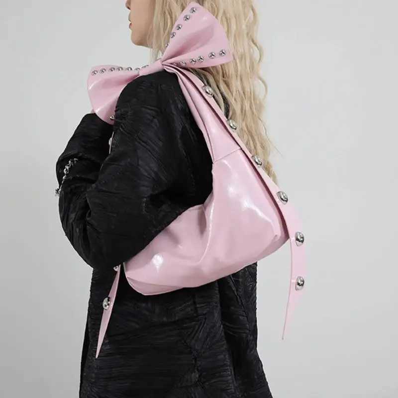 Rivet bow Y2K homeless handbag and wallet suitable for womens fashionable shoulder bag with detachable bow womens PU leather tote bag W250421