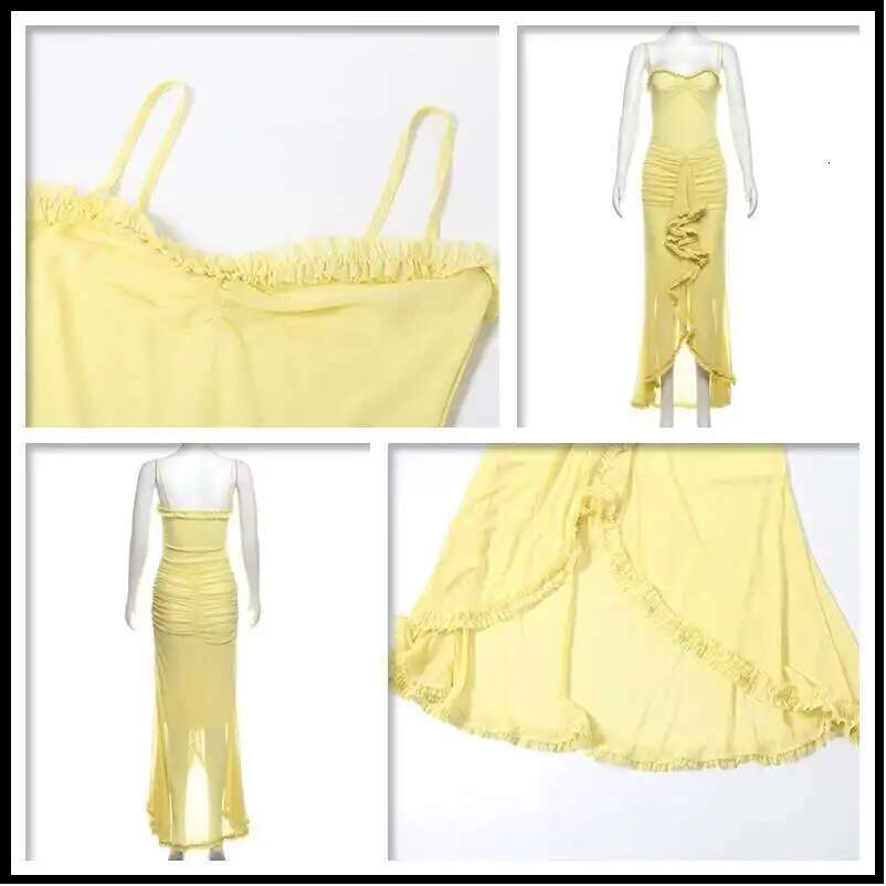 Dongdumaoyi Townlike Elastic Mesh Ruffles Pleaed Dress Women Spaghetti Strap Summer Elehgant Maxi Long Sexy Party Dresses