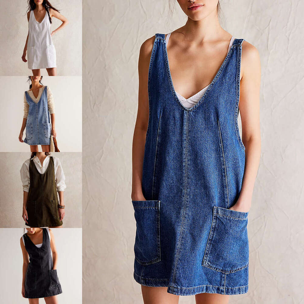 European and American Summer Women's Denim Strap Pocket Adjustable Mini Dress Multi Color 2025 New Casual Fashion Trendy Clothing