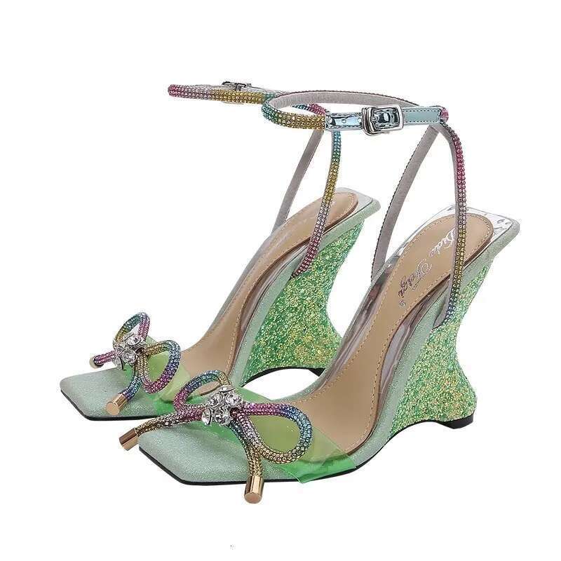 Summer new square head sequin rhinestone bow PVC sexy sandals slope heel high-heeled banquet dress large size women's shoes