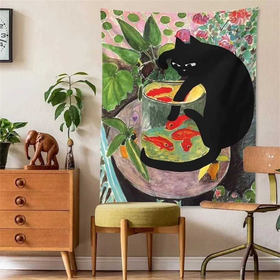 1pc CURIOUS KITTY Tapestry Wall Hanging Cat Goldfish Aesthetic Room Decor Tropical Plants Art Painting Print Dorm Bedroom GiftM251125