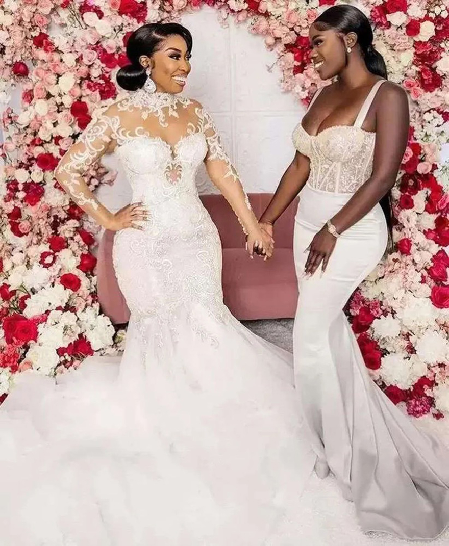 Gorgeous Mermaid Beaded Wedding Gowns Sheer Long Sleeves Sweep Train Plus Size Bridal Party Dresses For Arabic Women Vestidos De Novia