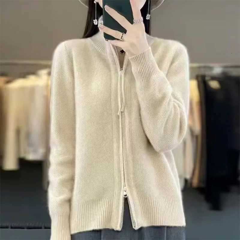 Autumn And Winter New Temperament Double Zipper Wool Knit Cardigan Womens Solid Color Long-Sleeved Sweater Thickened Loose TopT251125