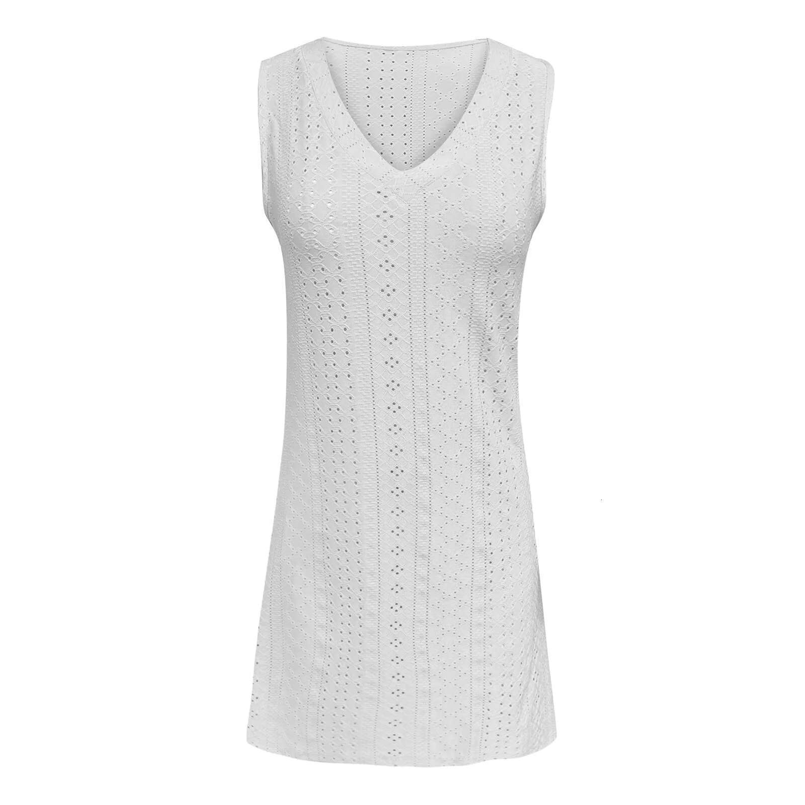 Dongdumaoyi Women Summer Fashion Jacquard Solid Color Sundress V Neck Sleeveless Loose Fit Dress Casual Vacation Beach